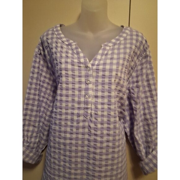 Woman Within Shirt Womens 2X 26/28W Seersucker Purple Plaid Roll cotton L/S - Picture 2 of 5